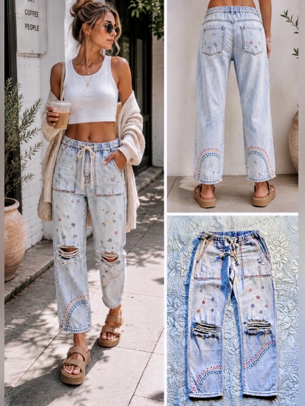 💥NWT One Teaspoon Shabbies Hand-Painted Distressed Jeans Drawstring Waist XS💛